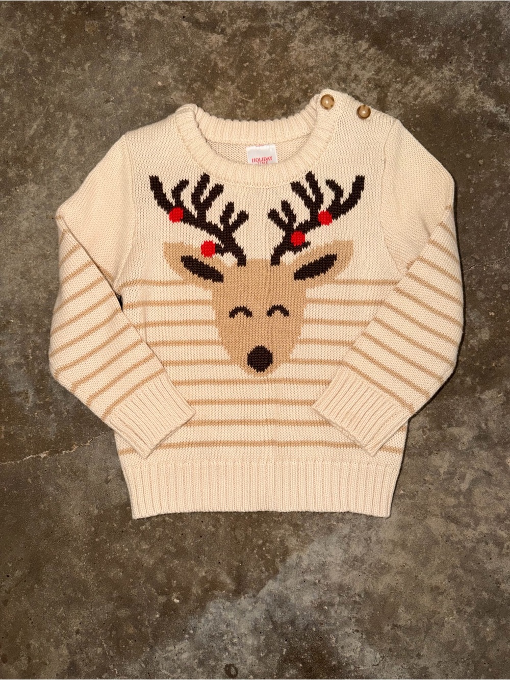 Holiday Time 2T Reindeer Christmas Sweater Cream Striped Toddler Unisex